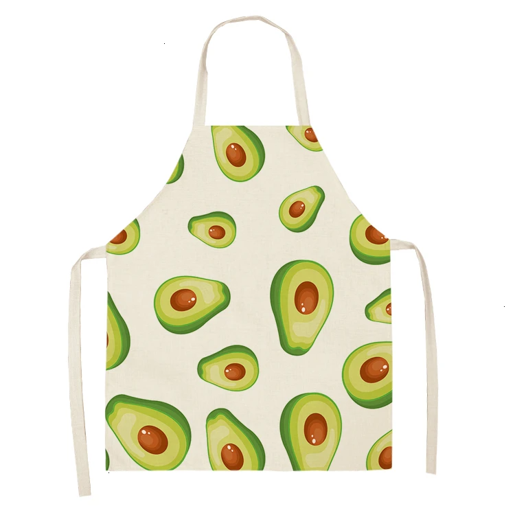 1PC Cotton Linen Apron Avocado Printed Kitchen Women Baking Waist Bib Home Cooking Brief Sleeveless Pinafore