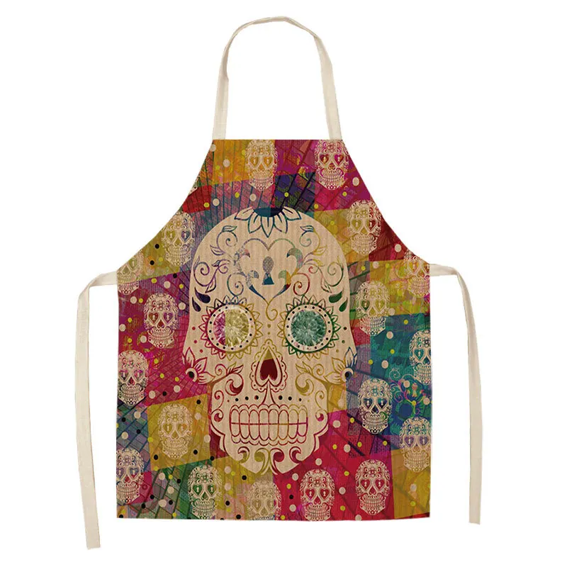 Skull Pattern Kitchen Apron for Cooking Sleeveless Cotton Linen Aprons Adult Bibs Home Cleaning Accessories