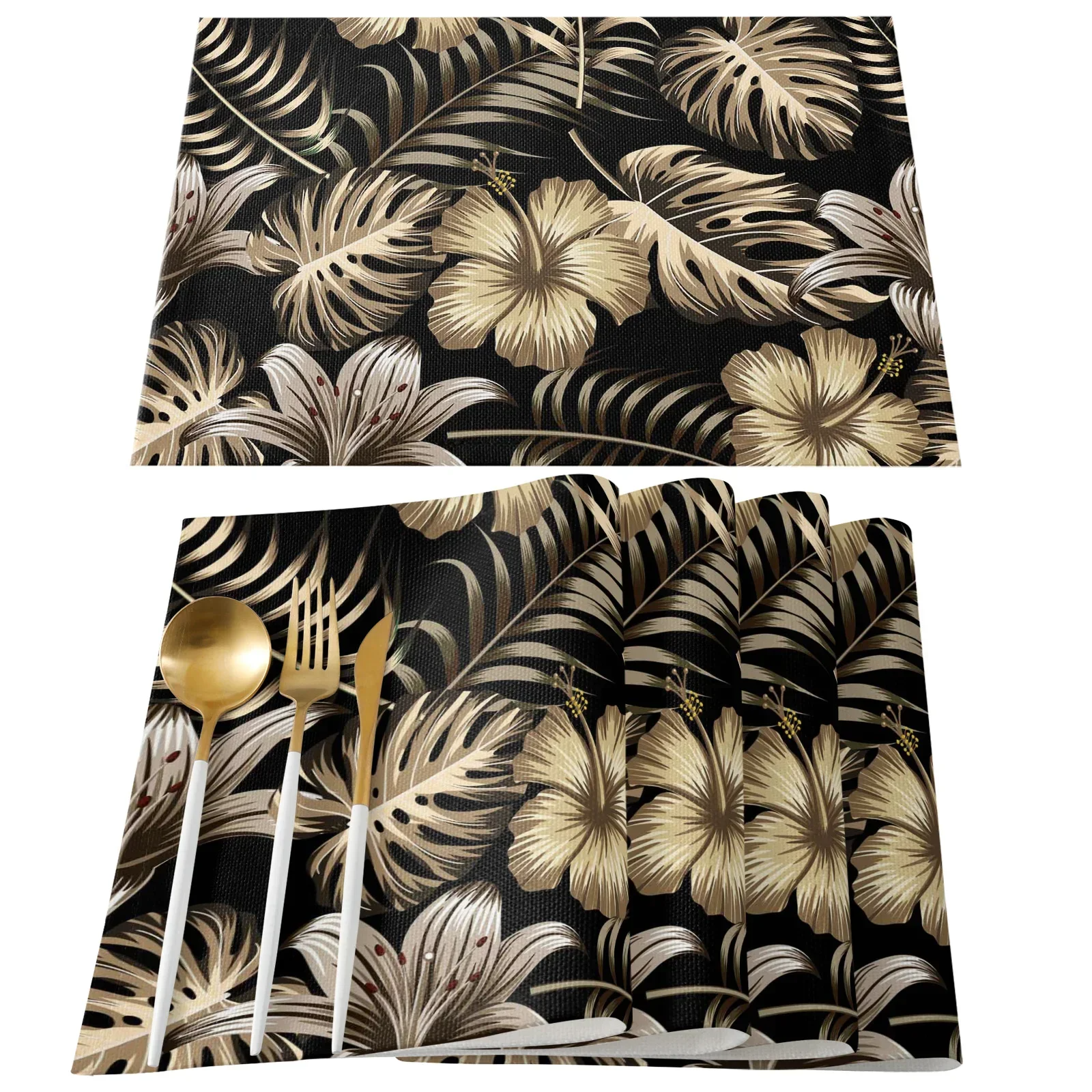 Golden Leaves Black Background Placemat Wedding Party Dining Decor Linen Table Mat Kitchen Accessories Table Napkin