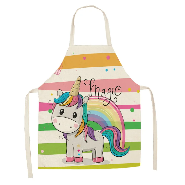 Parent-child Kitchen Apron Cartoon Rainbow Unicorn Printed Sleeveless Cotton Linen Aprons for Men Women Home Cleaning Tools