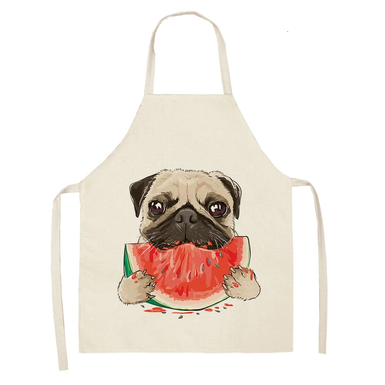 Cute Dog Pug Pattern Cotton Linen Sleeveless Chef Apron Kitchen Aprons Women Home Cooking Baking Waist Bib Pinafore