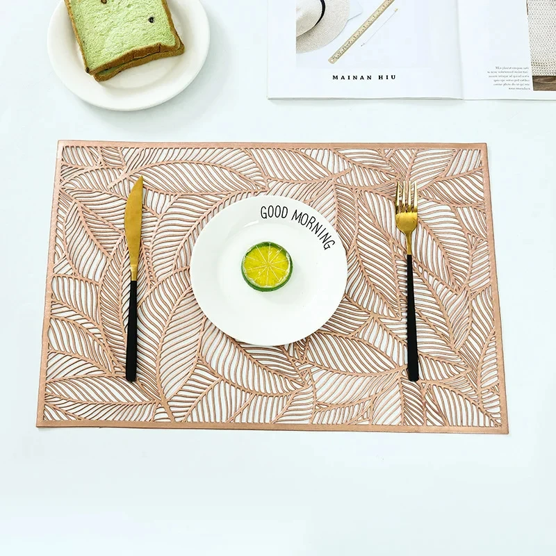Set of 2/4 Placemat Golden Rectangle Table Mat for Dining Tables Wipeable Leaf Hollow Insulation PVC placemats Home Modern