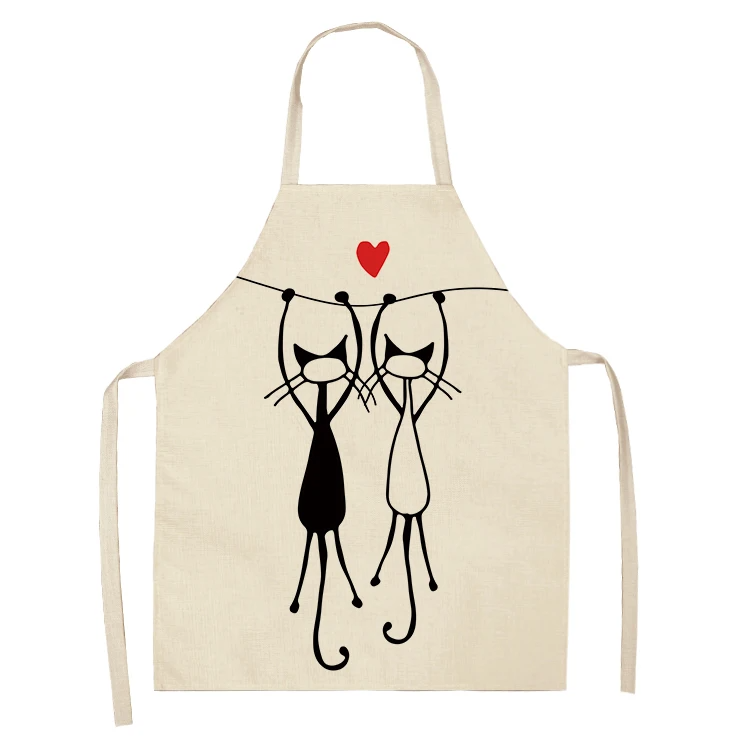 1Pc Kitchen Apron Cute Cartoon Cat Printed Sleeveless Cotton Linen Chef Aprons for Men Women Home Cleaning Tools