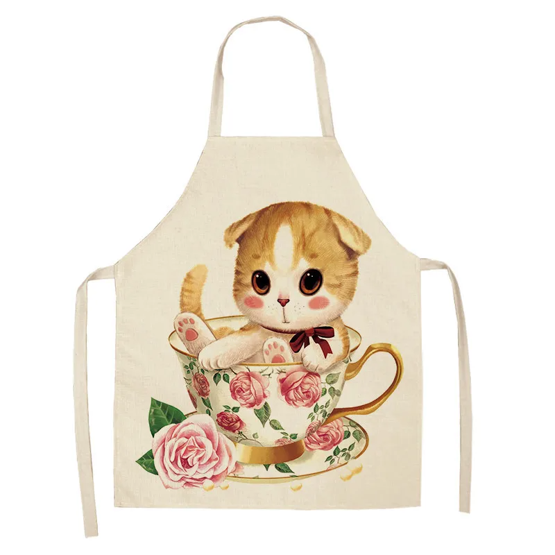 Chef Kitchen Apron for Woman Cute Cartoon Cat Printed Sleeveless Cotton Linen Aprons For Cooking Home Cleaning Tools