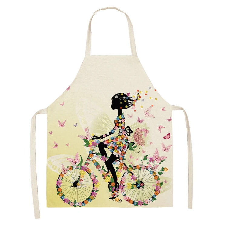 1Pc Cotton Linen Flower Butterfly Girl Printed Kitchen Aprons for Women Home Cooking Baking Waist Bib Pinafore