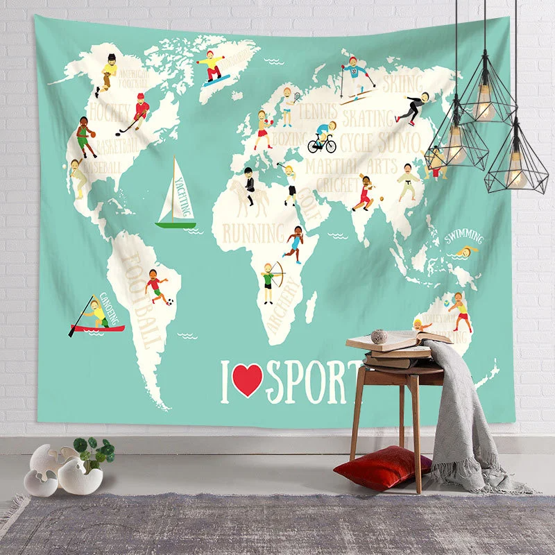 Animals World Map Tapestry Wall Hanging Large Kids Educational Landmarks World Map Tapestry Kindergarten Children's Room Decor