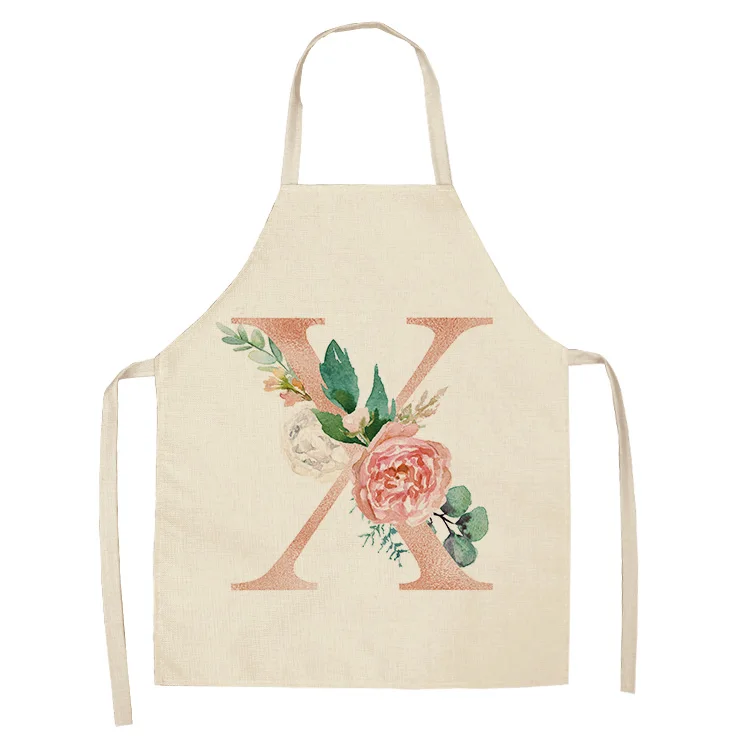 1Pcs Pink Letter Flower Kitchen Aprons for Women Cotton Linen Bibs Household Cleaning Pinafore Home Cooking Apron
