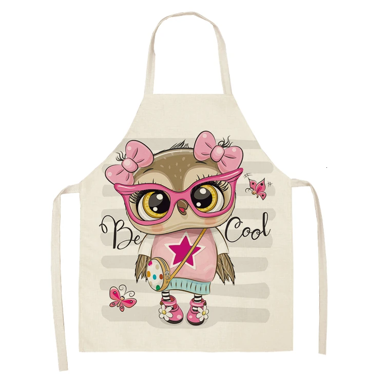 1Pcs Owl Sleeveless Chef Apron Cotton Linen Flower Printed Kitchen Brief Pinafore Women Home Cooking Baking Waist Bib