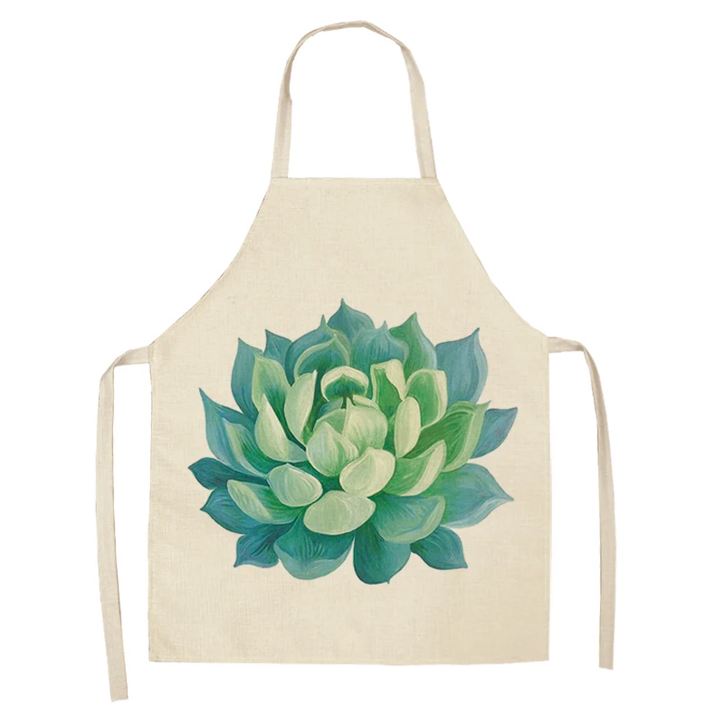 1Pc Succulent Plants Green Leaves Pattern Kitchen Chef Aprons Home Cooking Baking Shop Cotton Linen Cleaning Apron