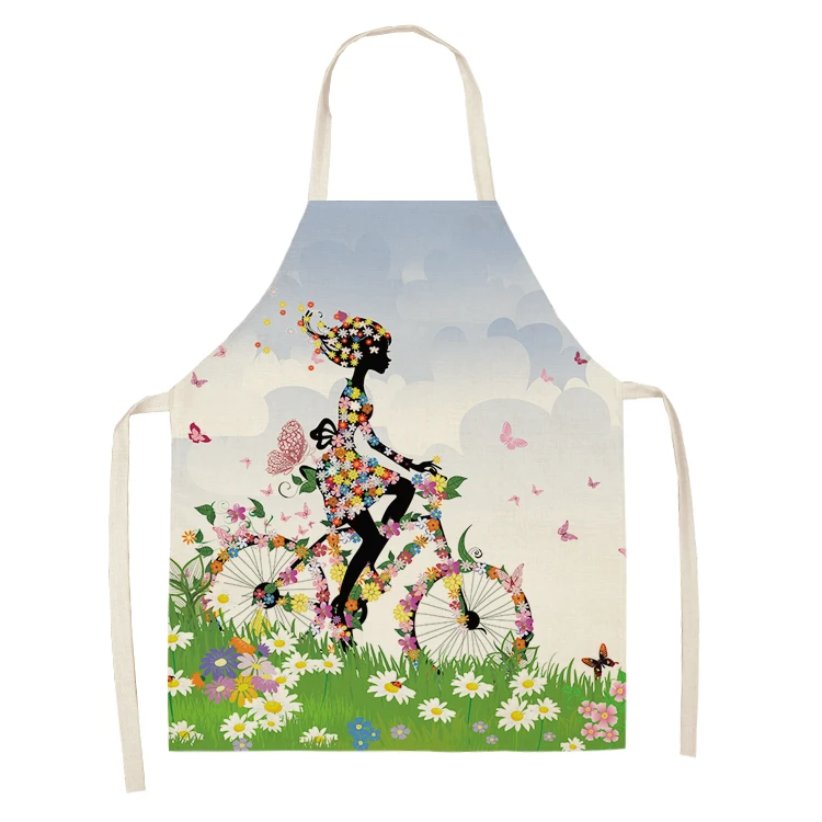 1Pc Cotton Linen Flower Butterfly Girl Printed Kitchen Aprons for Women Home Cooking Baking Waist Bib Pinafore