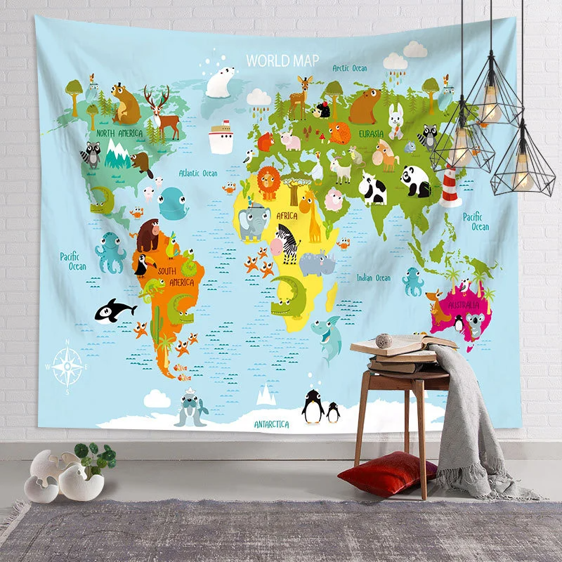 Animals World Map Tapestry Wall Hanging Large Kids Educational Landmarks World Map Tapestry Kindergarten Children's Room Decor