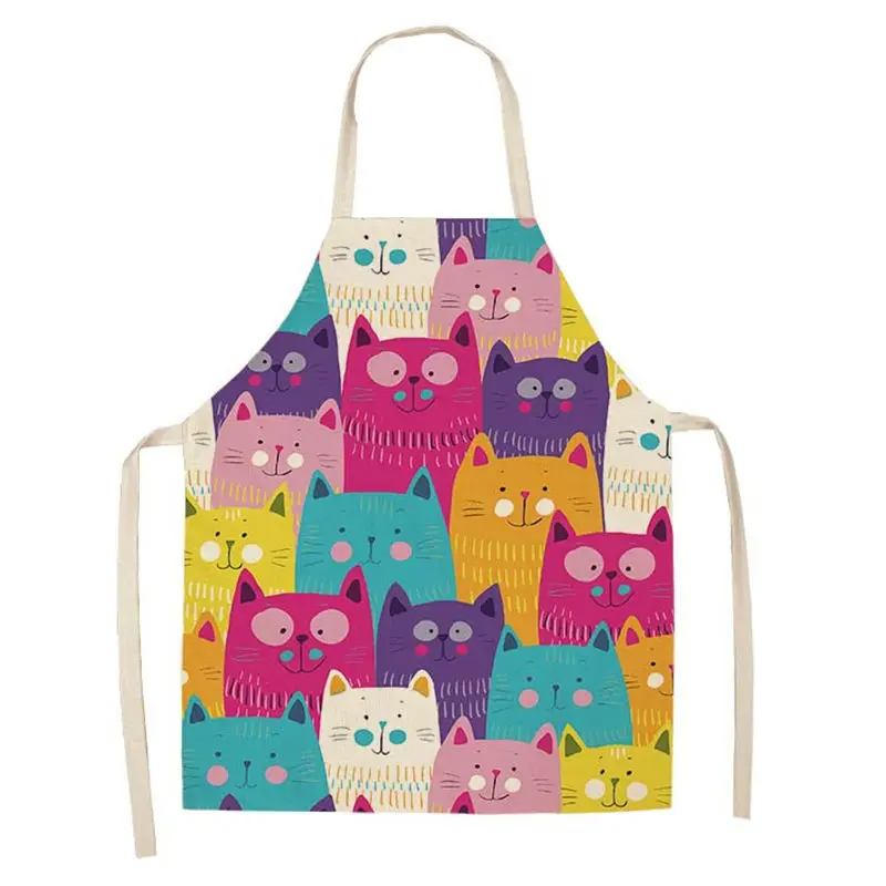 1Pc Kitchen Apron Cute Cartoon Cat Printed Sleeveless Cotton Linen Chef Aprons for Men Women Home Cleaning Tools
