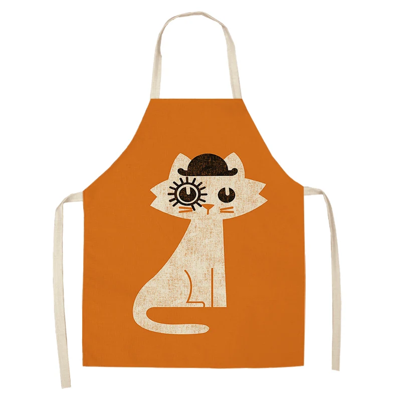 Chef Kitchen Apron for Woman Cute Cartoon Cat Printed Sleeveless Cotton Linen Aprons For Cooking Home Cleaning Tools