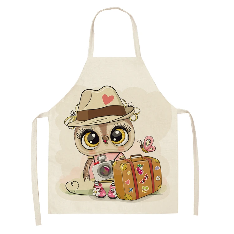 1Pcs Owl Sleeveless Chef Apron Cotton Linen Flower Printed Kitchen Brief Pinafore Women Home Cooking Baking Waist Bib