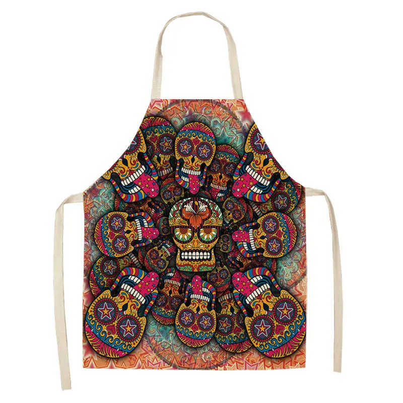 Skull Pattern Kitchen Apron for Cooking Sleeveless Cotton Linen Aprons Adult Bibs Home Cleaning Accessories