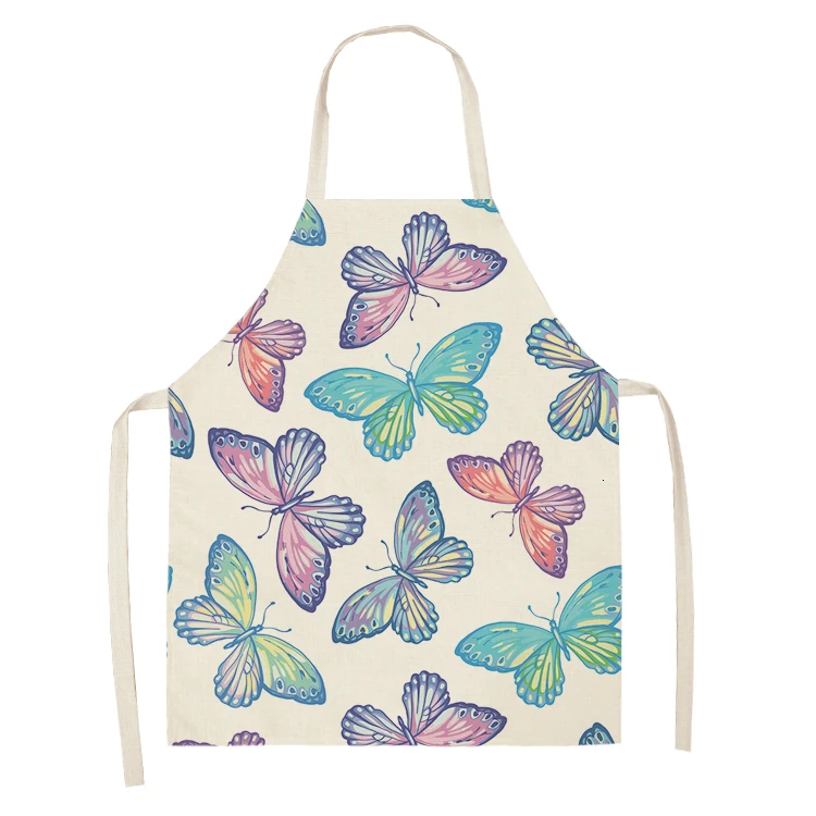 1PC Cotton Baking Waist Bib Linen Flower Butterfly Printed Kitchen Sleeveless Chef Apron Women Home Cooking Pinafore