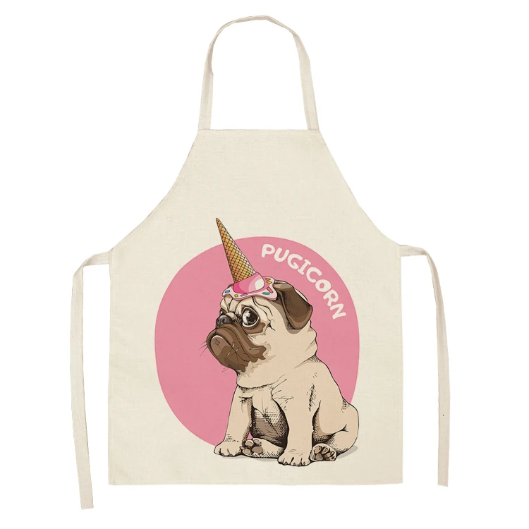 Cute Dog Pug Pattern Cotton Linen Sleeveless Chef Apron Kitchen Aprons Women Home Cooking Baking Waist Bib Pinafore