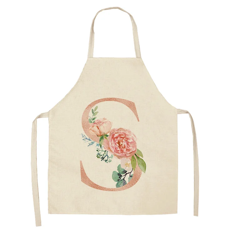 1Pcs Pink Letter Flower Kitchen Aprons for Women Cotton Linen Bibs Household Cleaning Pinafore Home Cooking Apron
