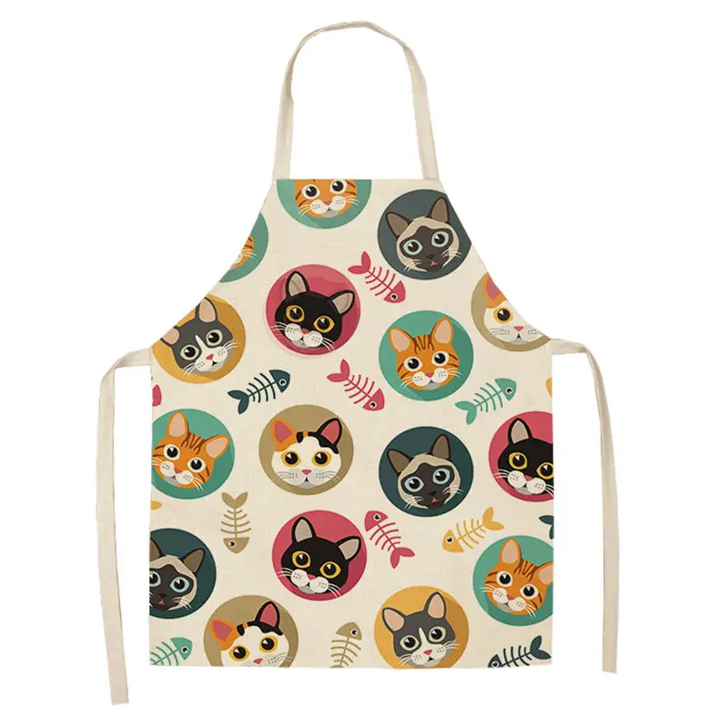 1Pc Kitchen Apron Cute Cartoon Cat Printed Sleeveless Cotton Linen Chef Aprons for Men Women Home Cleaning Tools