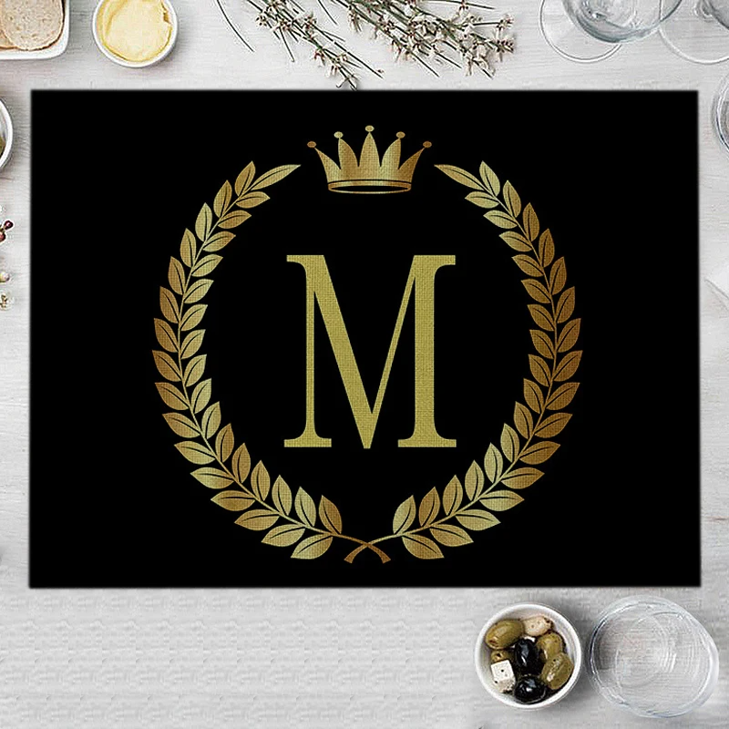 Home Decor Black Gold Letter Printing Linen Placemat for Dining Table Drink Coaster Home Decoration Modern Kitchen Cup Pads