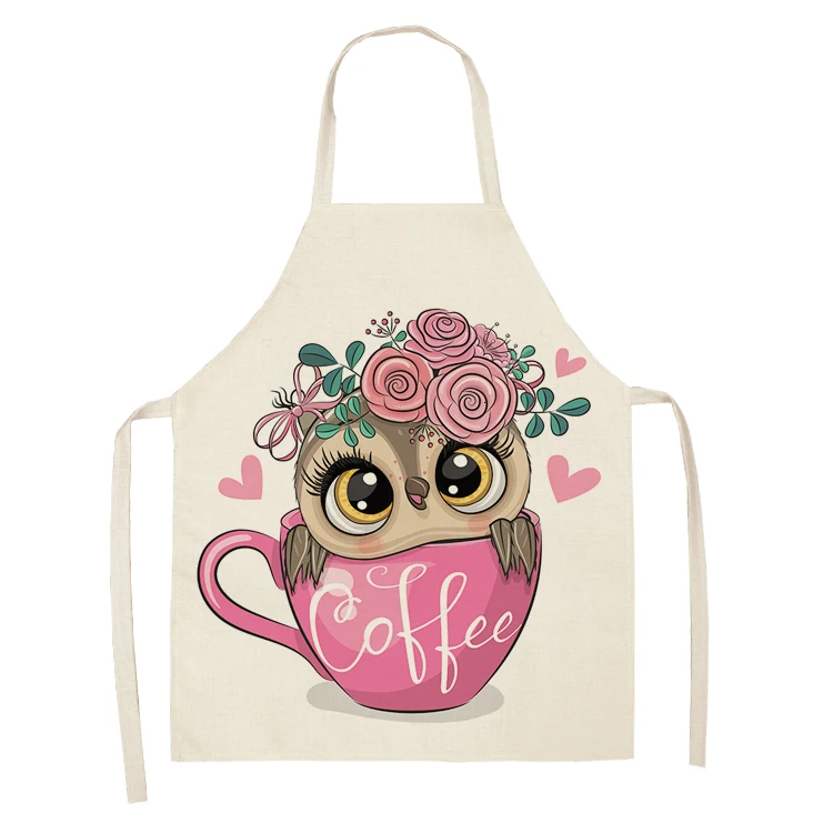 1Pcs Owl Sleeveless Chef Apron Cotton Linen Flower Printed Kitchen Brief Pinafore Women Home Cooking Baking Waist Bib