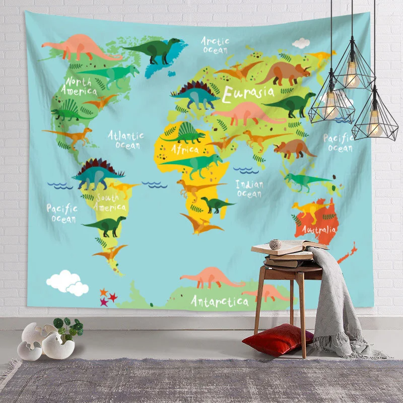Animals World Map Tapestry Wall Hanging Large Kids Educational Landmarks World Map Tapestry Kindergarten Children's Room Decor