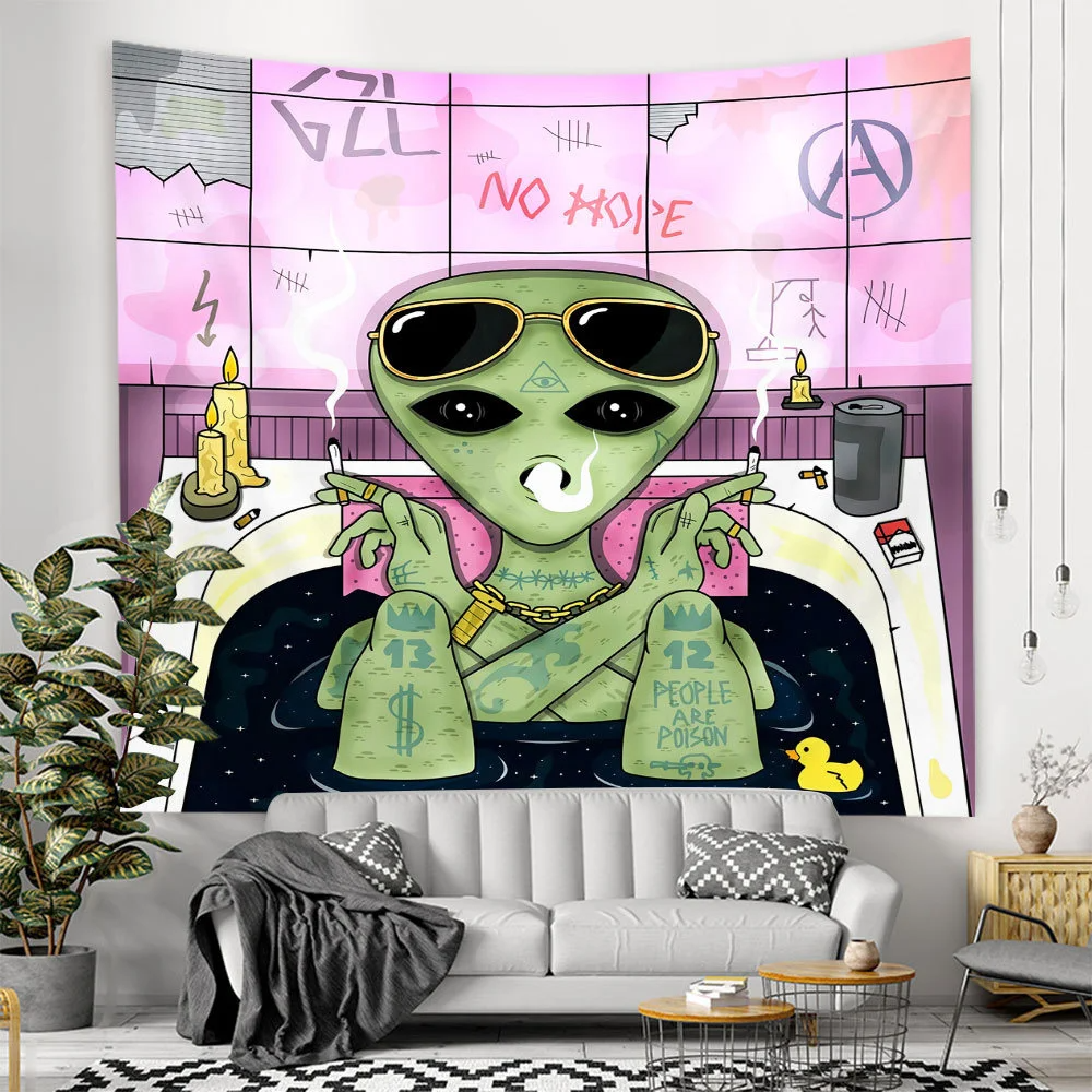 Alien Black Tapestry Cartoon Illustration Hippie Art Mushroom Eye Wall Hanging Tapestries for Living Room Home Dorm Decor Cloth