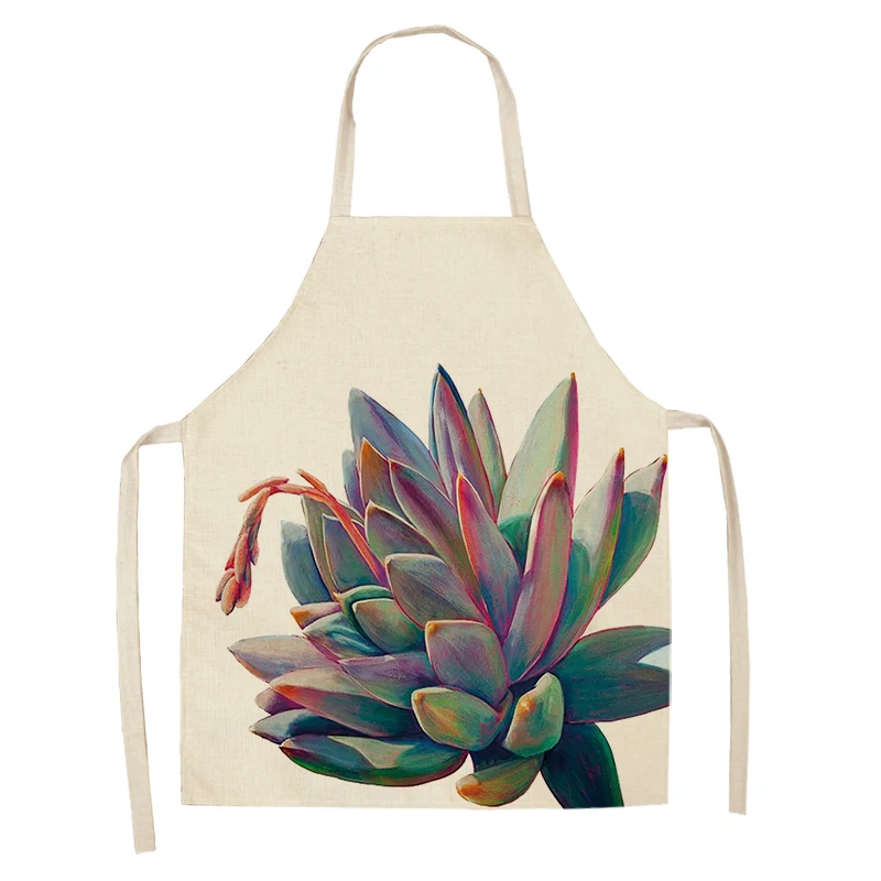 1Pc Succulent Plants Green Leaves Pattern Kitchen Chef Aprons Home Cooking Baking Shop Cotton Linen Cleaning Apron