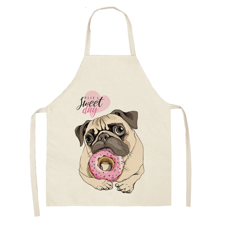 Cute Dog Pug Pattern Cotton Linen Sleeveless Chef Apron Kitchen Aprons Women Home Cooking Baking Waist Bib Pinafore