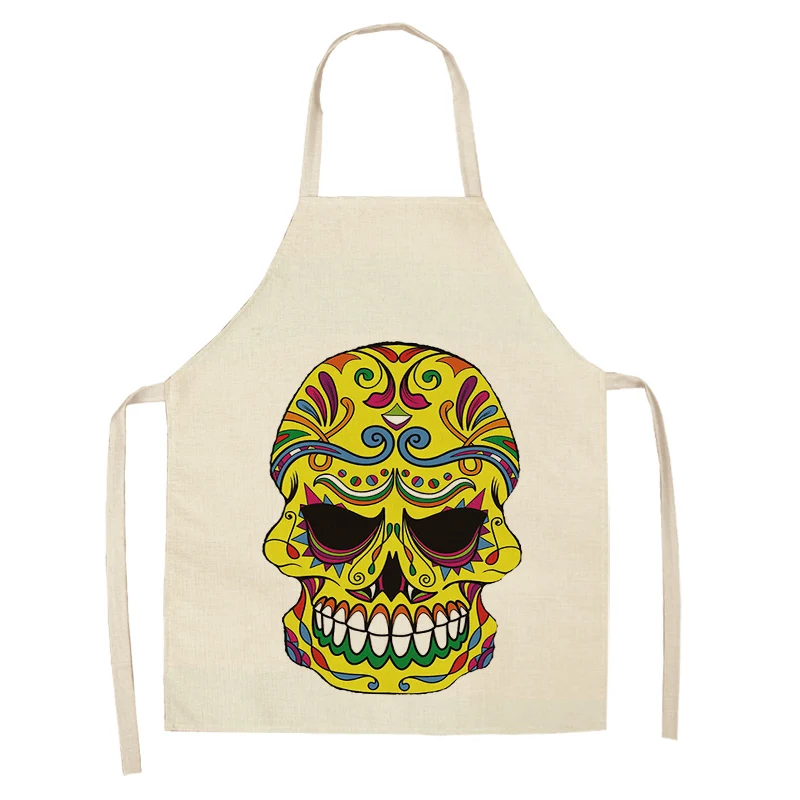 Skull Pattern Kitchen Apron for Cooking Sleeveless Cotton Linen Aprons Adult Bibs Home Cleaning Accessories