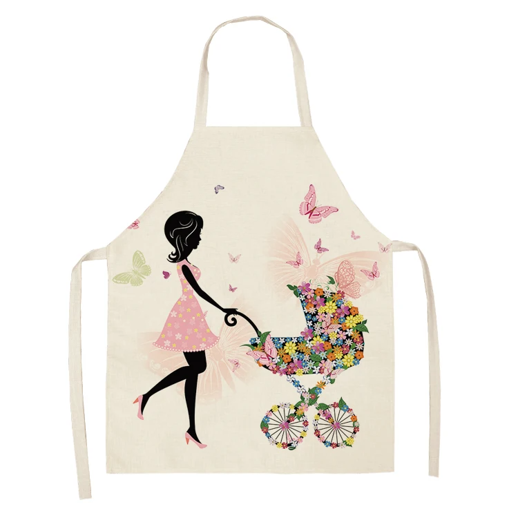 1Pc Cotton Linen Flower Butterfly Girl Printed Kitchen Aprons for Women Home Cooking Baking Waist Bib Pinafore