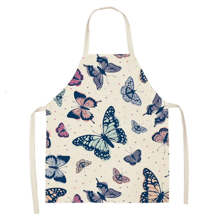 1PC Cotton Baking Waist Bib Linen Flower Butterfly Printed Kitchen Sleeveless Chef Apron Women Home Cooking Pinafore