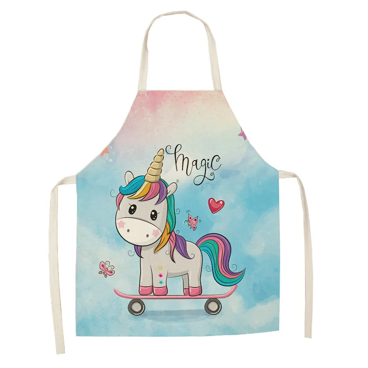 Parent-child Kitchen Apron Cartoon Rainbow Unicorn Printed Sleeveless Cotton Linen Aprons for Men Women Home Cleaning Tools