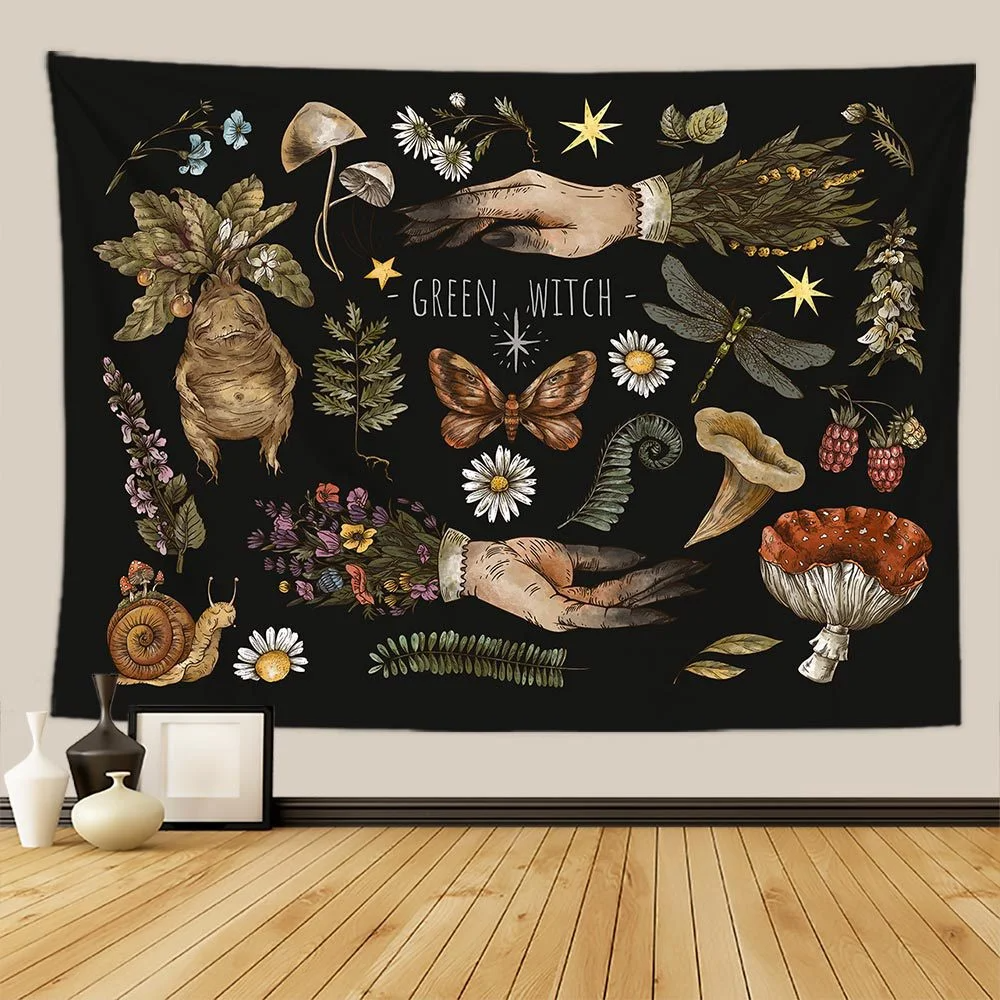 Botanical Print Floral Tapestry Wall Hanging Mushroom Tapestry Vintage Boho Wildflower Vegetable Tapestry Colorful Home Decor