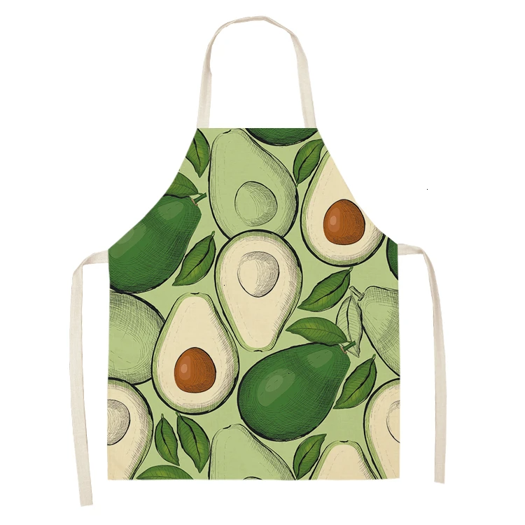 1PC Cotton Linen Apron Avocado Printed Kitchen Women Baking Waist Bib Home Cooking Brief Sleeveless Pinafore