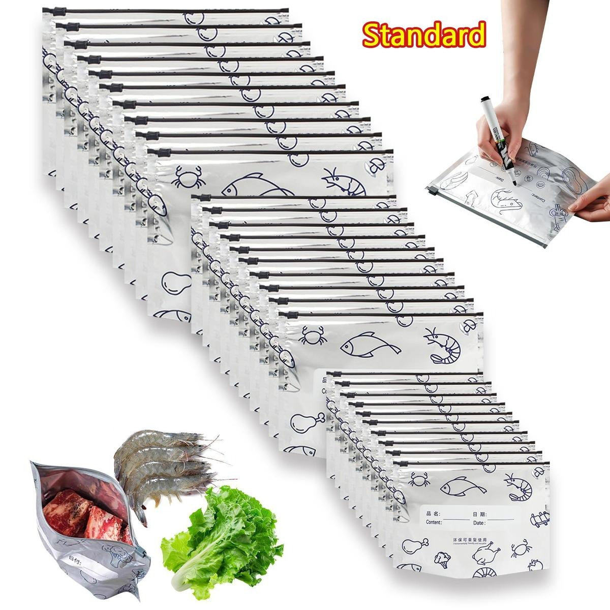 【Refrigerated Food】Reusable Aluminum Foil Sealable Storage Bags, Resealable Vacuum Zipper Pouches for Food, Stand Up Foil Sealable Bags with Label and Zip Lock for Vegetable Fruit Meat