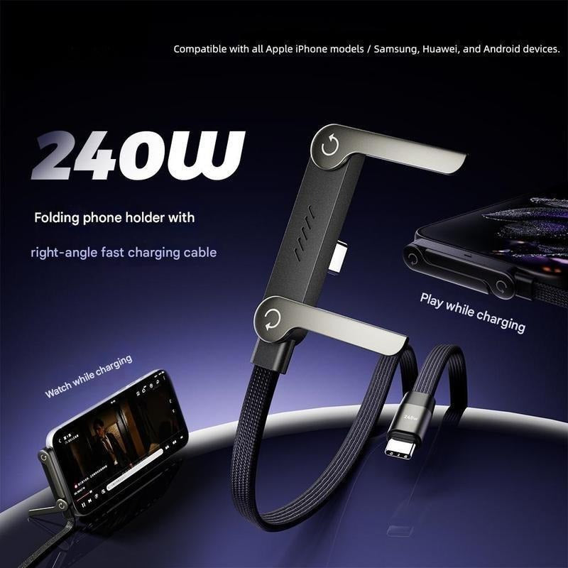 Invisible Holder Charging Cable, 1.5m Length 240W Super Fast Charging 2-in-1 Charging Cord & Phone Stand, Suitable for Gaming, Office and Travel Scenarios, Compatible,iPhone, Samsung&Type-C Interface Devices, Black Version lightning Black Data Cable