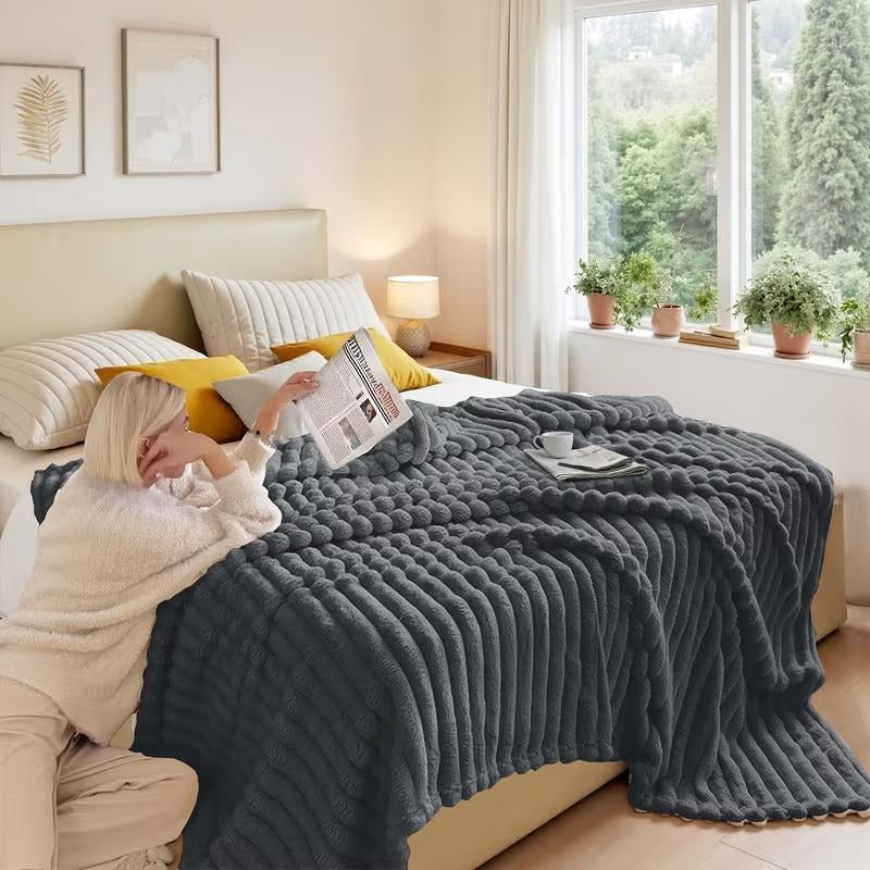 Warm And Cozy Flannel Blanket, Imitation Rabbit Fur Blanket, Soft And Warm Sofa Blanket, Office Bed Camping Travel Nap Blanket, Four Seasons Multipurpose Striped Pattern Gift Blanket