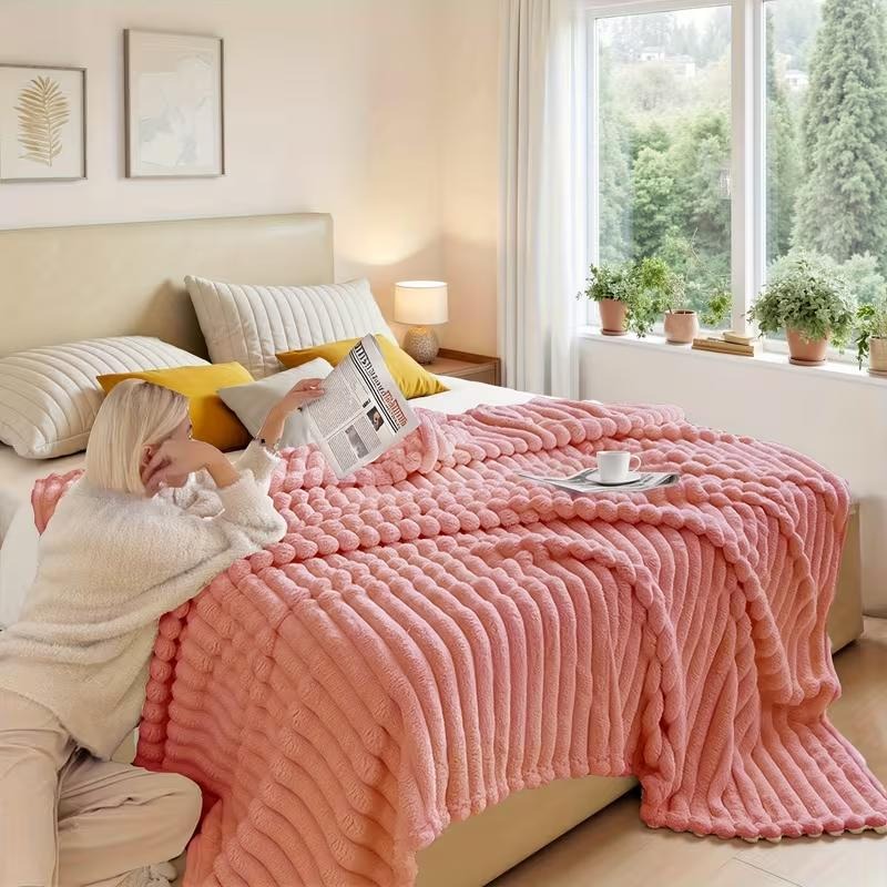 Warm And Cozy Flannel Blanket, Imitation Rabbit Fur Blanket, Soft And Warm Sofa Blanket, Office Bed Camping Travel Nap Blanket, Four Seasons Multipurpose Striped Pattern Gift Blanket