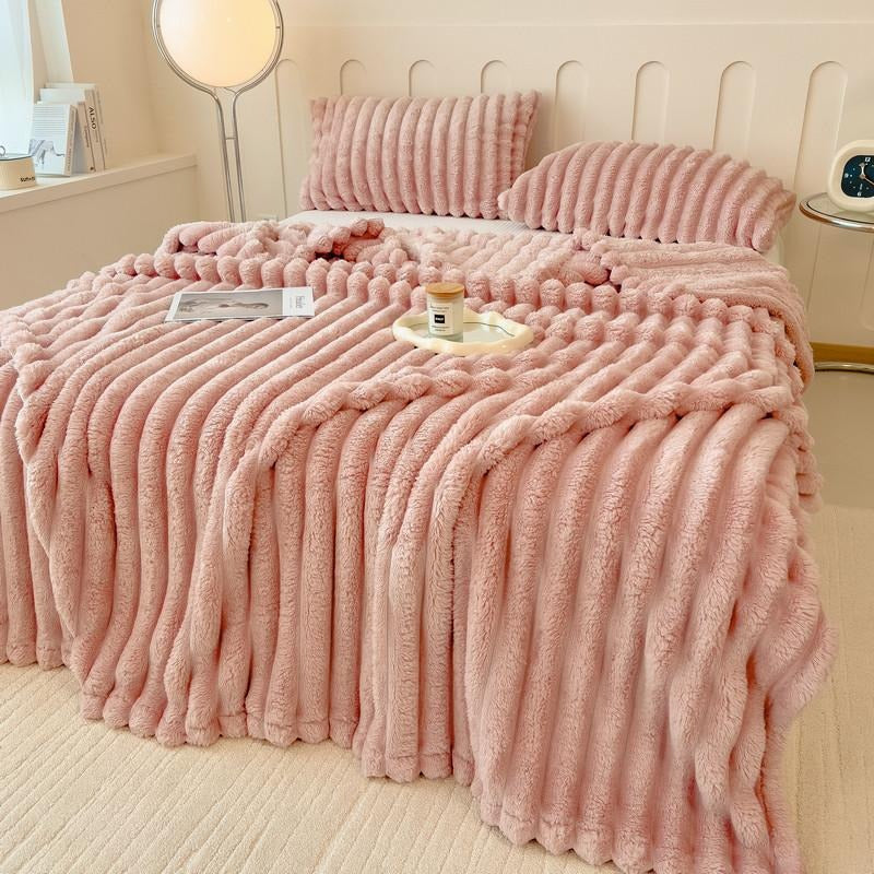 Warm And Cozy Flannel Blanket, Imitation Rabbit Fur Blanket, Soft And Warm Sofa Blanket, Office Bed Camping Travel Nap Blanket, Four Seasons Multipurpose Striped Pattern Gift Blanket