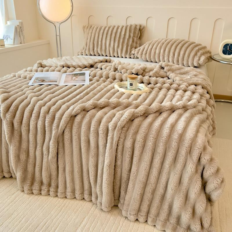 Warm And Cozy Flannel Blanket, Imitation Rabbit Fur Blanket, Soft And Warm Sofa Blanket, Office Bed Camping Travel Nap Blanket, Four Seasons Multipurpose Striped Pattern Gift Blanket