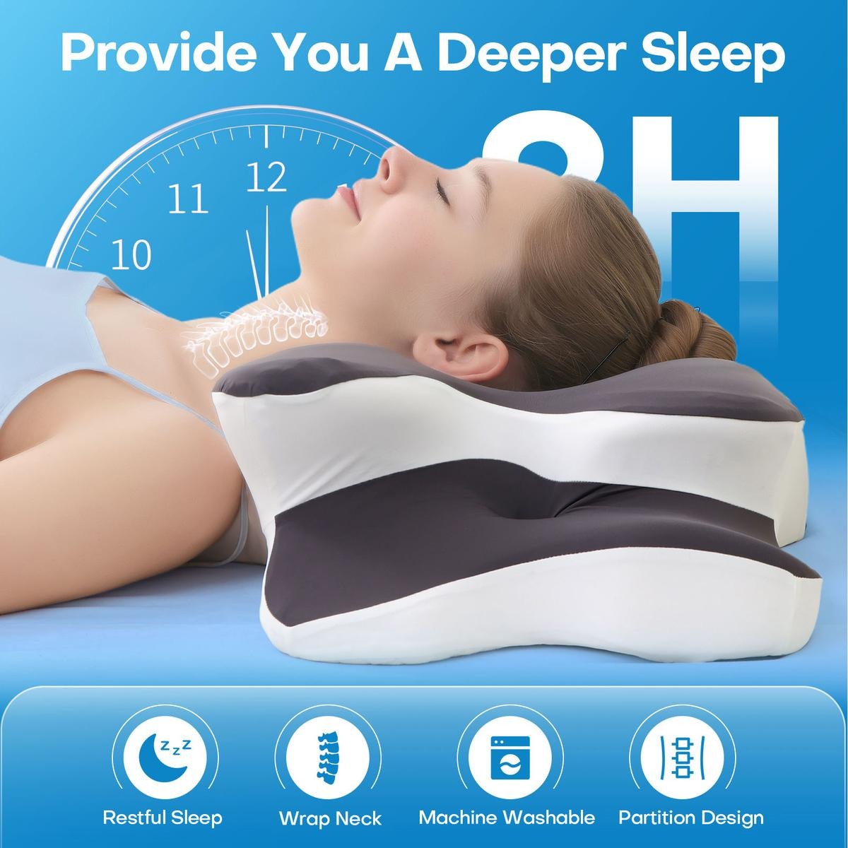 Double-Sided Contoured Neck Pillow, Unscented Supportive Memory Foam with Cooling Cover, Zoned Design & Extra-Large Armrest for Deep Sleepers & Side/Stomach/Back Sleepers