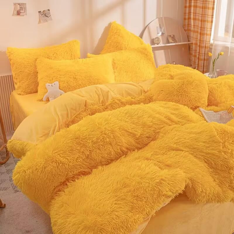 4 Piece Plush Duvet Cover Set (1 Fluffy Faux Duvet Cover+ 1 Heart Pillow + 2 Furry Pillow Shams), Soft & Warm Bedding Set (Pink, Queen (U.S.Standard)