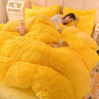4 Piece Plush Duvet Cover Set (1 Fluffy Faux Duvet Cover+ 1 Heart Pillow + 2 Furry Pillow Shams), Soft & Warm Bedding Set (Pink, Queen (U.S.Standard)