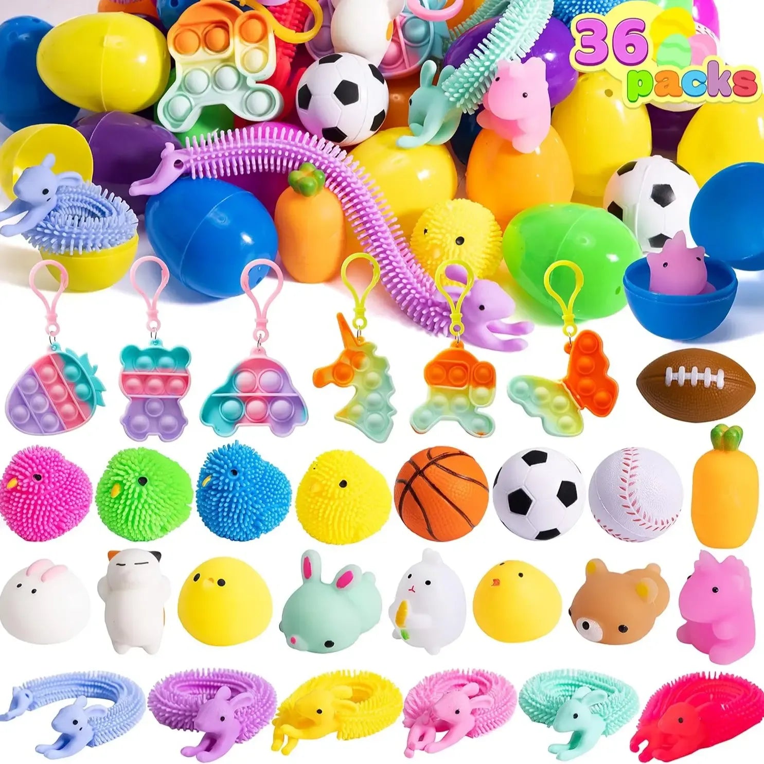 36pcs/48pcs/60pcs/80pcs/100pcs/120pcs/144pcs/160pcs/200pcs Prefilled Easter Eggs Toys and Stickers for Easter Egg Hunt, Filled with Toys Party Favors for Kids Boys Girls Easter Eggs Hunt, Basket Stuffers Fillers, Classroom Prize Supplies Kids Outdoor Play