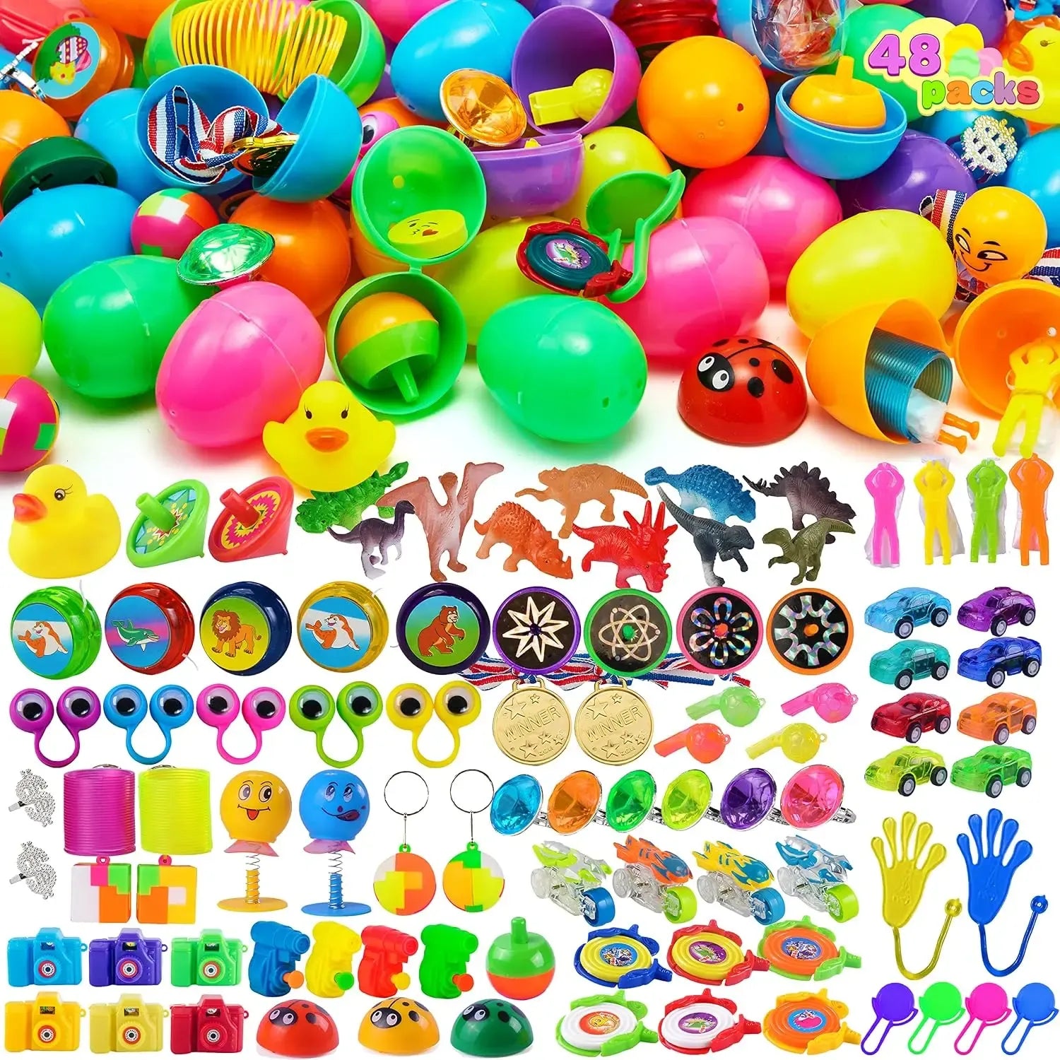 36pcs/48pcs/60pcs/80pcs/100pcs/120pcs/144pcs/160pcs/200pcs Prefilled Easter Eggs Toys and Stickers for Easter Egg Hunt, Filled with Toys Party Favors for Kids Boys Girls Easter Eggs Hunt, Basket Stuffers Fillers, Classroom Prize Supplies Kids Outdoor Play