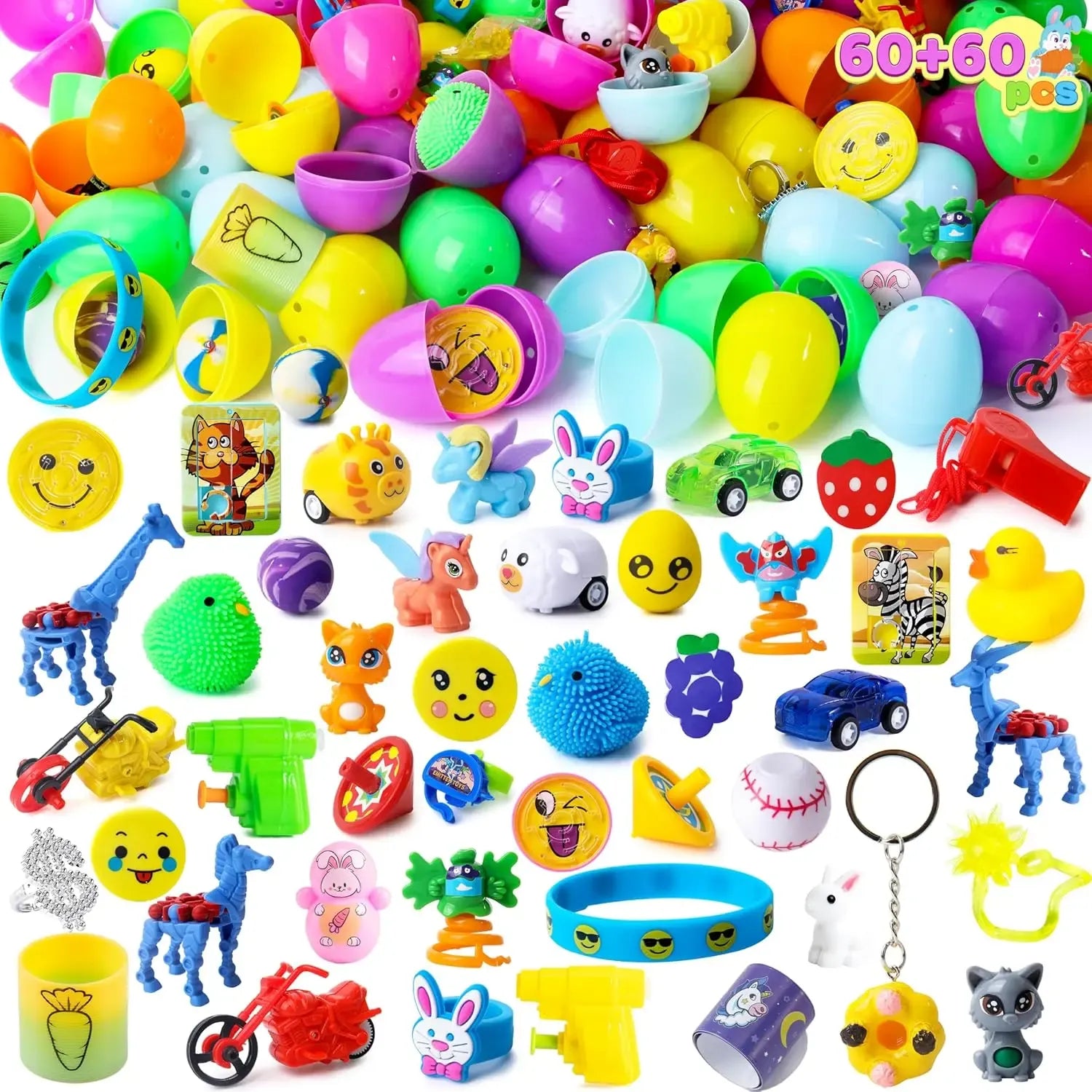 36pcs/48pcs/60pcs/80pcs/100pcs/120pcs/144pcs/160pcs/200pcs Prefilled Easter Eggs Toys and Stickers for Easter Egg Hunt, Filled with Toys Party Favors for Kids Boys Girls Easter Eggs Hunt, Basket Stuffers Fillers, Classroom Prize Supplies Kids Outdoor Play