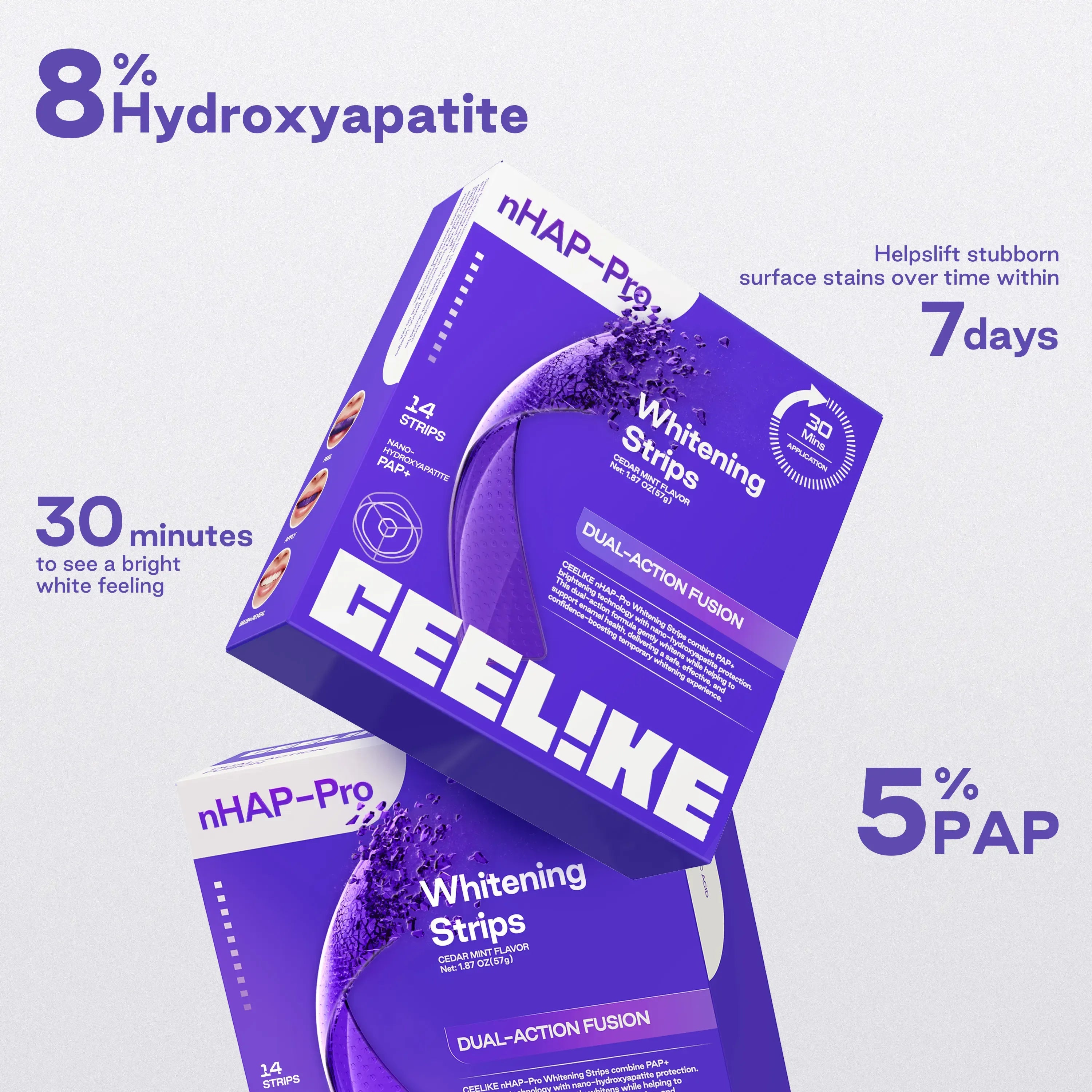 CEELIKE Purple Teeth Whitening Strips - 7/21 whitening sessions - Nano hydroxyapatite, safely protects tooth enamel - Gentle and non-sensitive - Peroxide-free