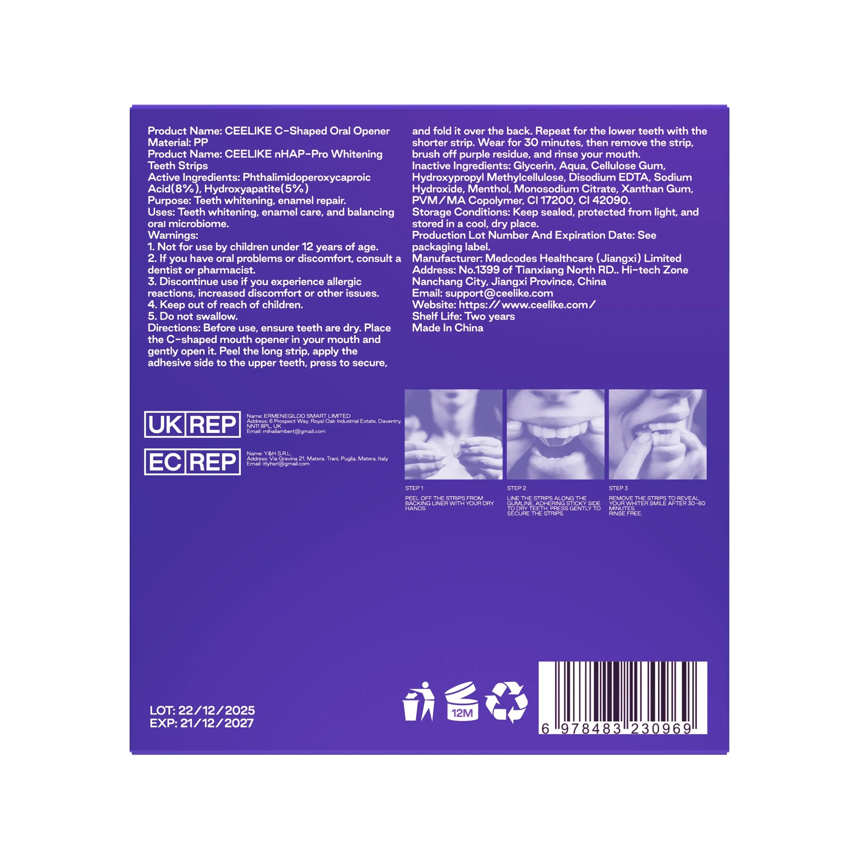 CEELIKE Purple Teeth Whitening Strips - 7/21 whitening sessions - Nano hydroxyapatite, safely protects tooth enamel - Gentle and non-sensitive - Peroxide-free