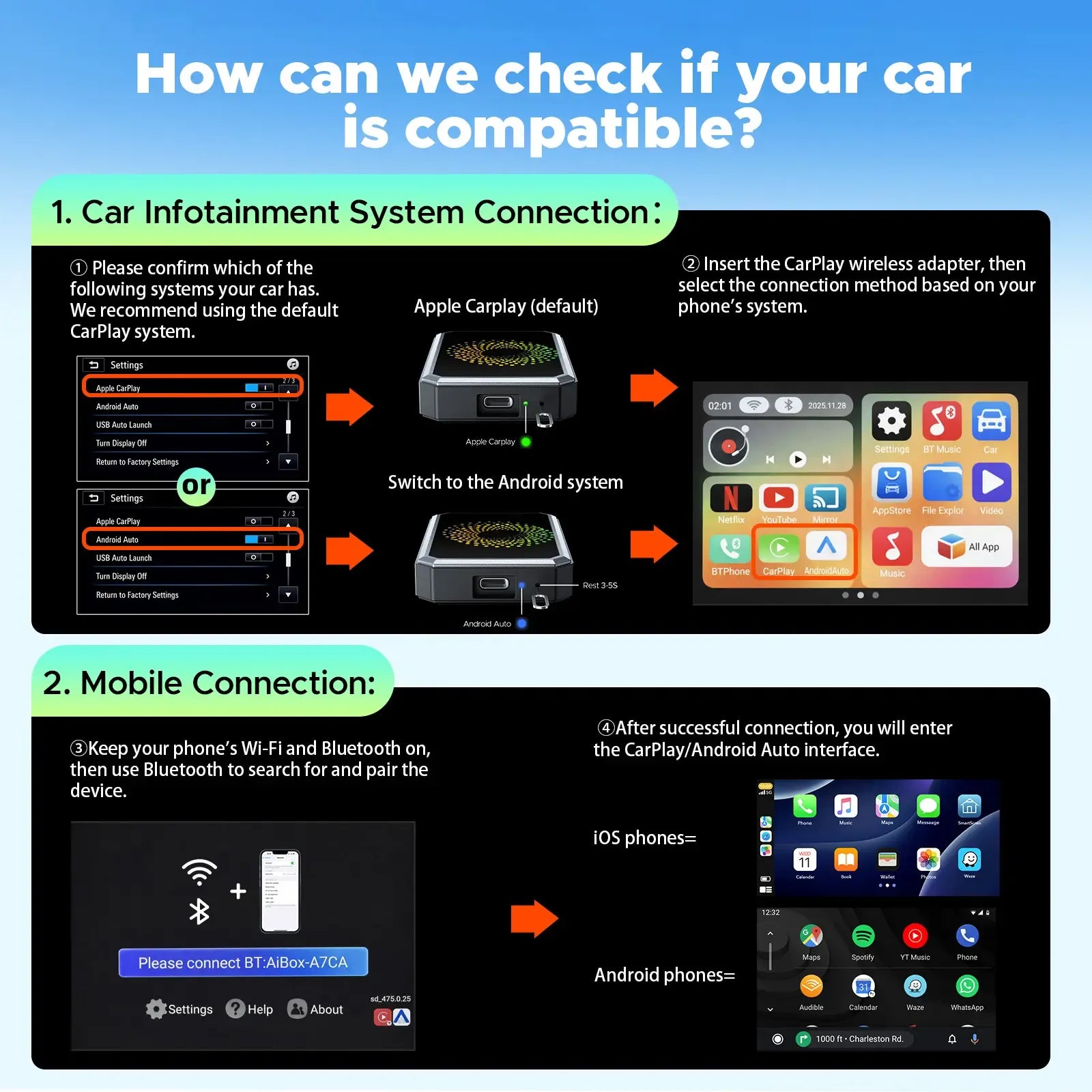 【CHECK COMPATIBILITY】LAMTTO 2026 Wired CarPlay to Wireless Adapter - Built-in Android System for Netflix/YouTube/TikTok - ONLY for Wired CarPlay/AA Vehicles - NOT for Wireless CarPlay |  Summervibes Car Video Players